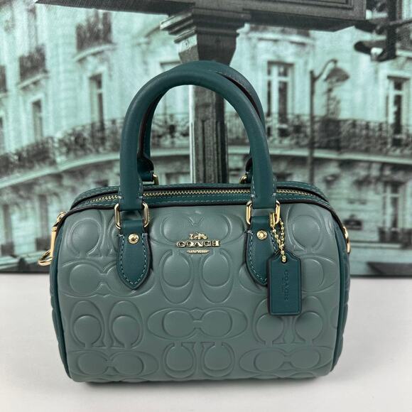 Coach CY744 Mini Rowan Crossbody Bag In Blocked Sig Leather IN Dark Turquoise - Picture 1 of 9